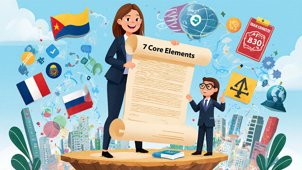 Educator holding a detailed contract above country symbols, with a partner handing her a certificate.