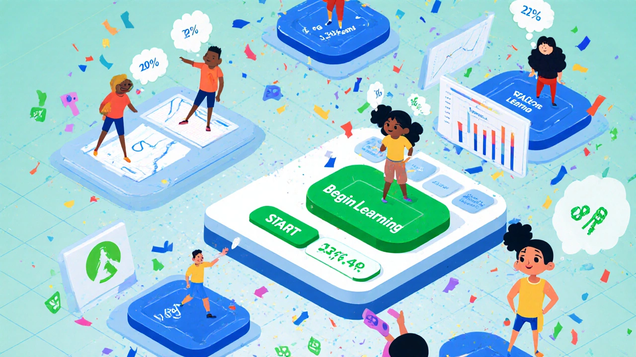 Eight animated course variations floating in a grid, with data streams converging on the winning button design.