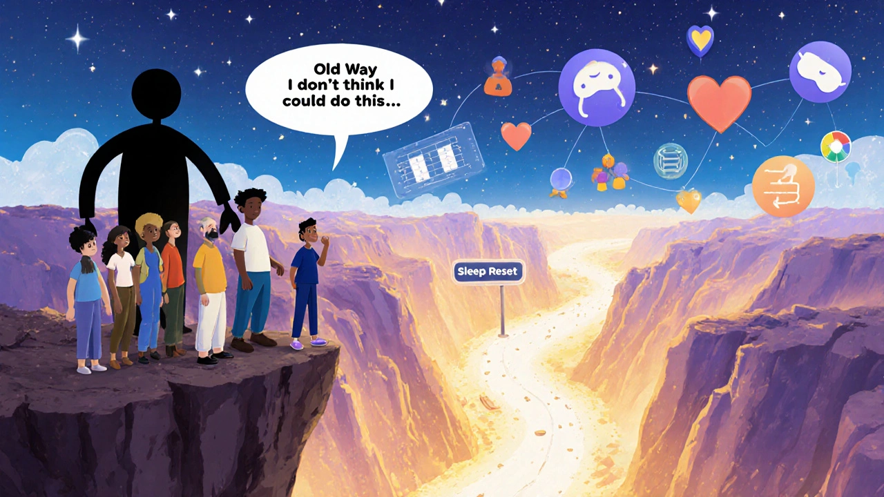 People step from doubt into a glowing future of better sleep with community and tracking tools.