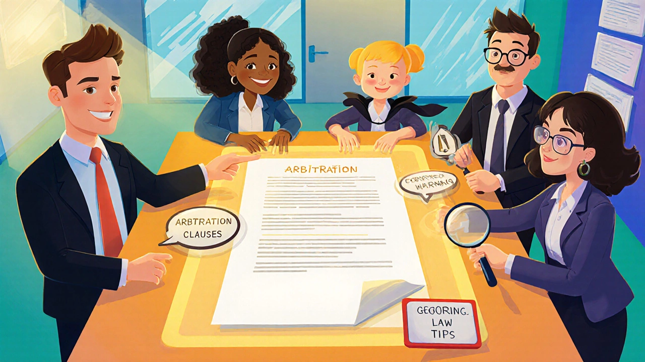 Professionals examine a glowing contract table with animated legal clauses and helpful guides.