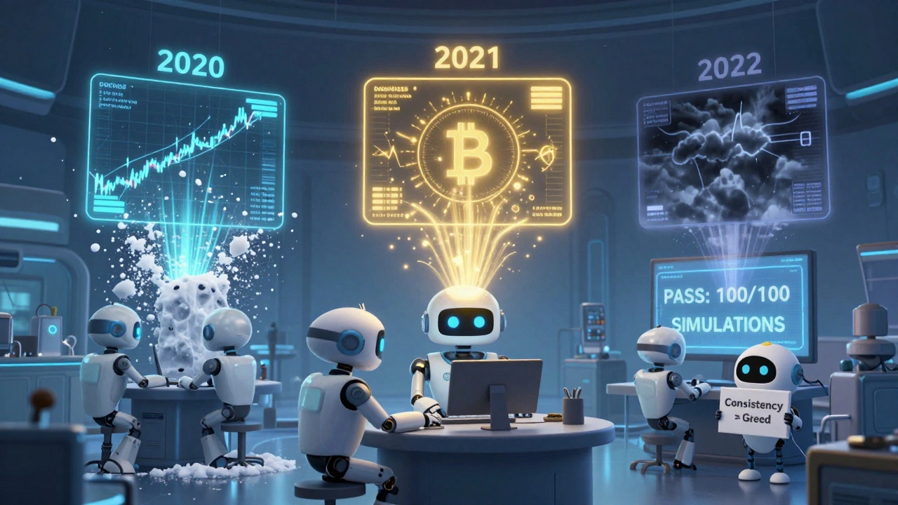 Robots testing a crypto strategy across bull, bear, and crash markets using advanced data tools.