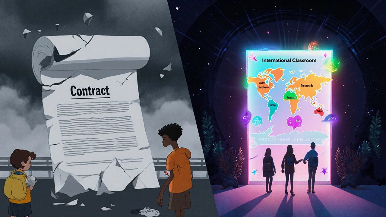 Split scene: broken contract with stranded students vs. glowing agreement guiding students to success.