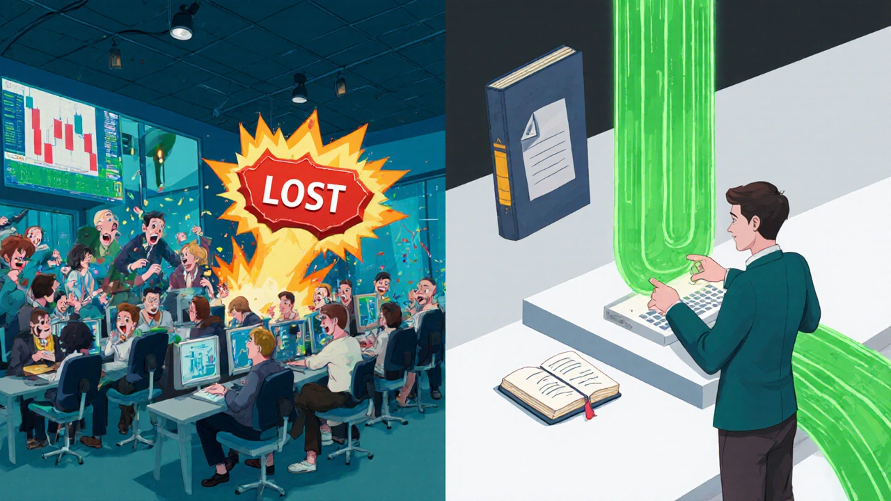 Split scene: chaotic losses on one side, calm profitable trading on the other, with a floating journal.