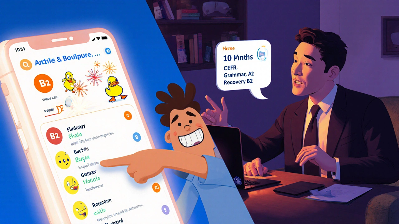 Split scene: online quiz with cartoons vs. real speaking assessment with feedback panel.