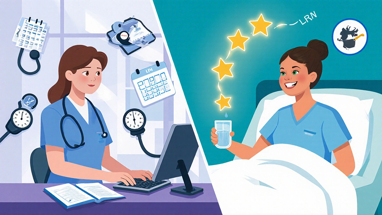 Split scene showing medical assistant and CNA career paths leading to advanced healthcare degrees.