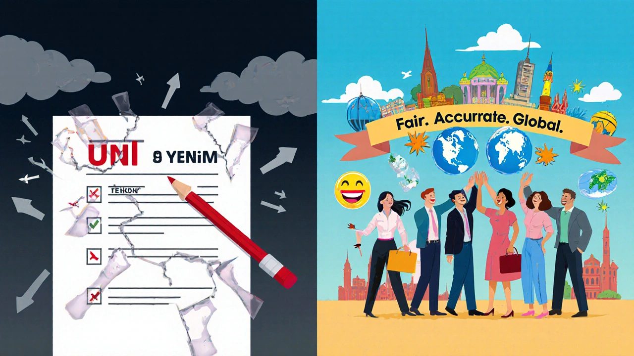 Split-screen: failed U.S.-only exam vs. successful global version with happy test-takers and local icons.