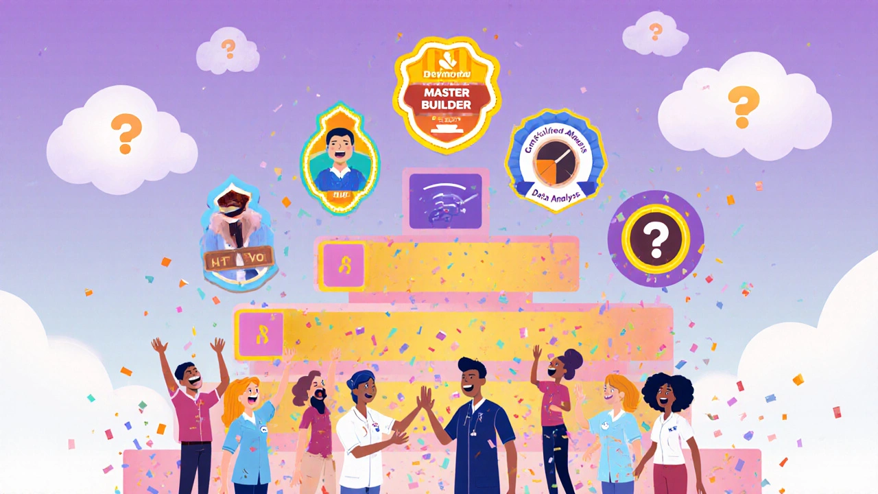 Stylized characters climbing a floating leaderboard made of badges and levels