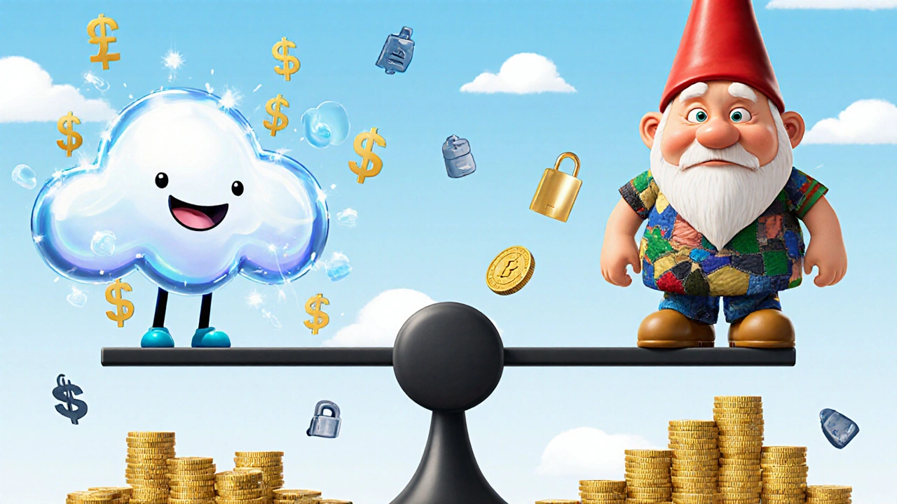 Two animated characters—a cloud mascot and a server gnome—compete on a cost scale, showing how self-hosted becomes cheaper over three years.