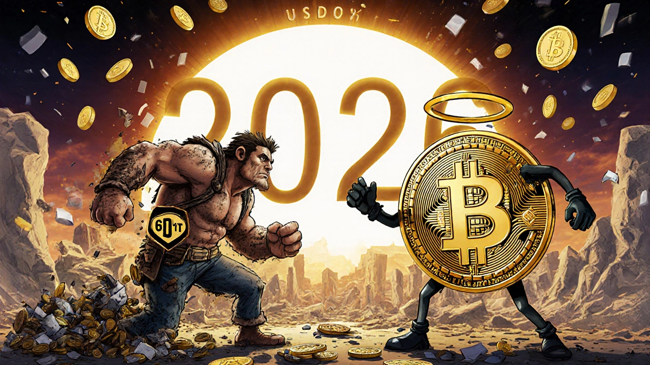 USDT and USDC characters in a dramatic showdown, one messy and one glowing, against a fading crypto market.