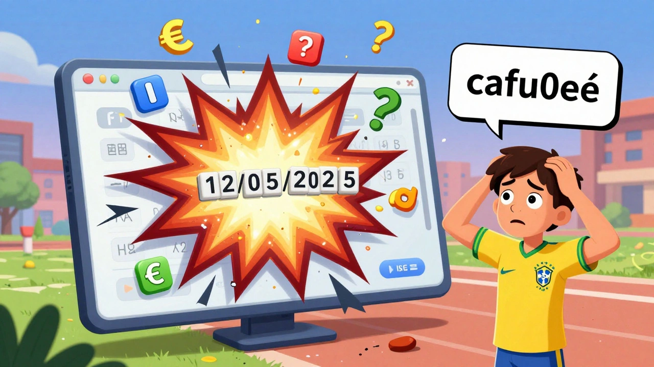 A chaotic digital interface with broken text, wrong dates, and currency symbols floating in confusion.