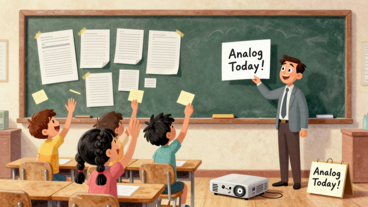 A classroom shifting from digital to analog learning with students using paper and sticky notes while a broken projector lies nearby.