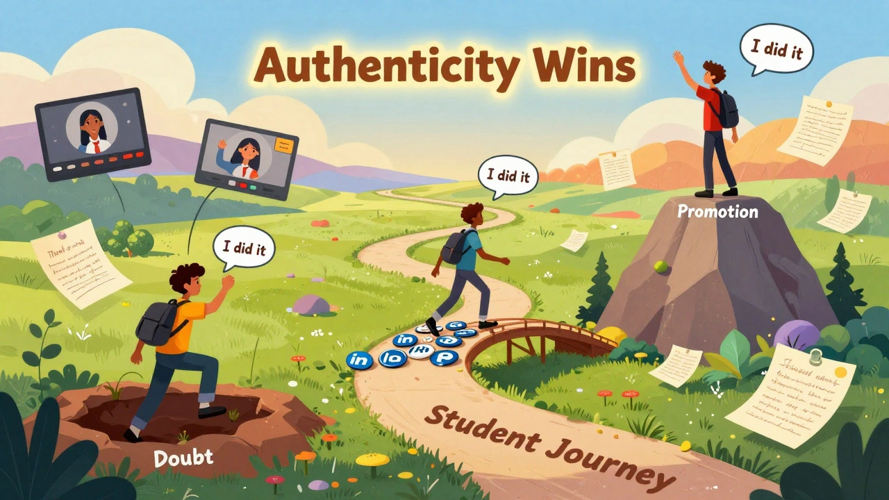 A colorful path of student journeys with icons representing career growth, triumph, and personal transformation.