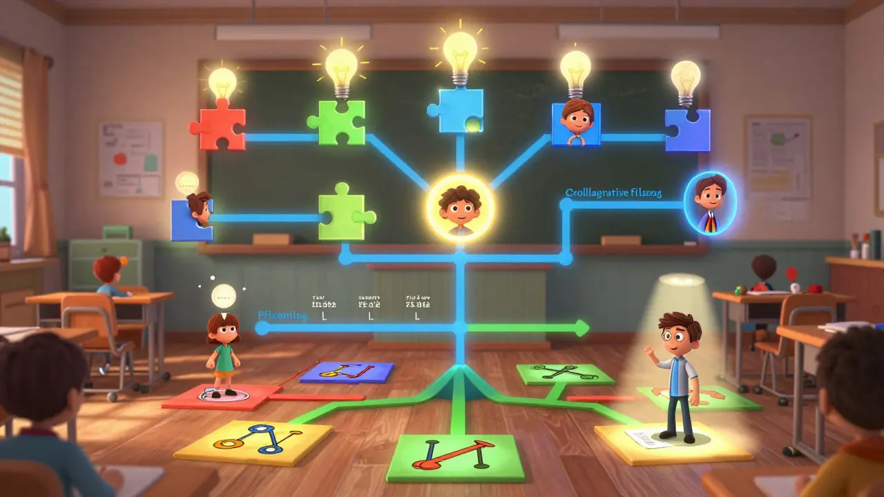 A colorful skill graph with branching paths showing personalized learning routes for different students.
