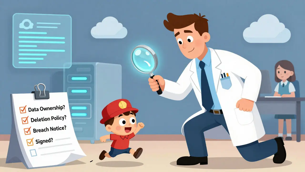 A compliance officer uses a magnifying glass to examine a sneaky vendor contract with data icons around them.