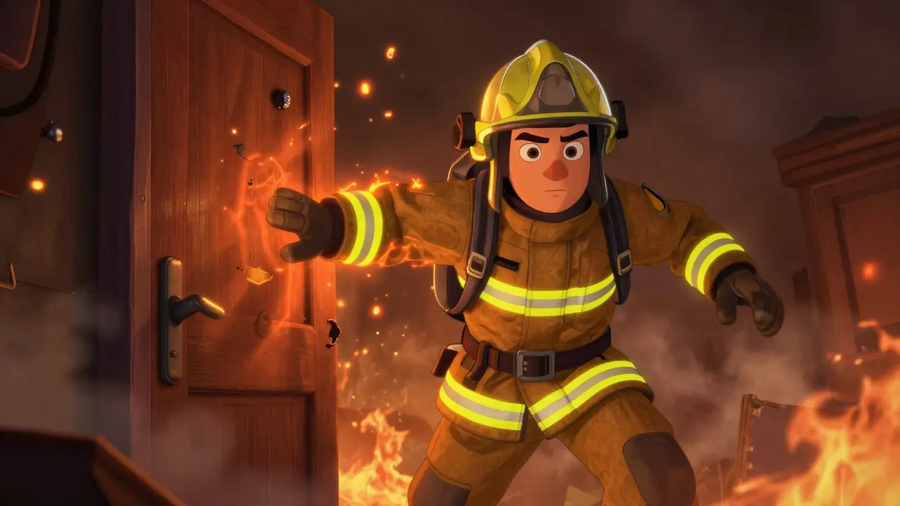A firefighter in a smoky room feeling heat pulses on their suit while pushing through a virtual door.