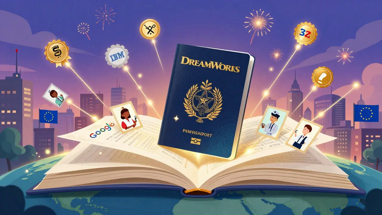 A giant digital skills passport opens in a global city, revealing workers worldwide earning badges that explode into the sky like fireworks.