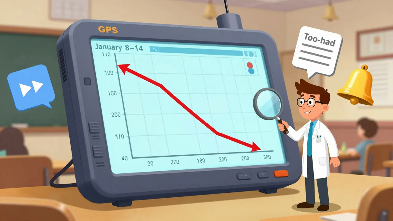 A GPS showing student cohort data with one path sharply dropping at Lesson 3, a teacher analyzing it.