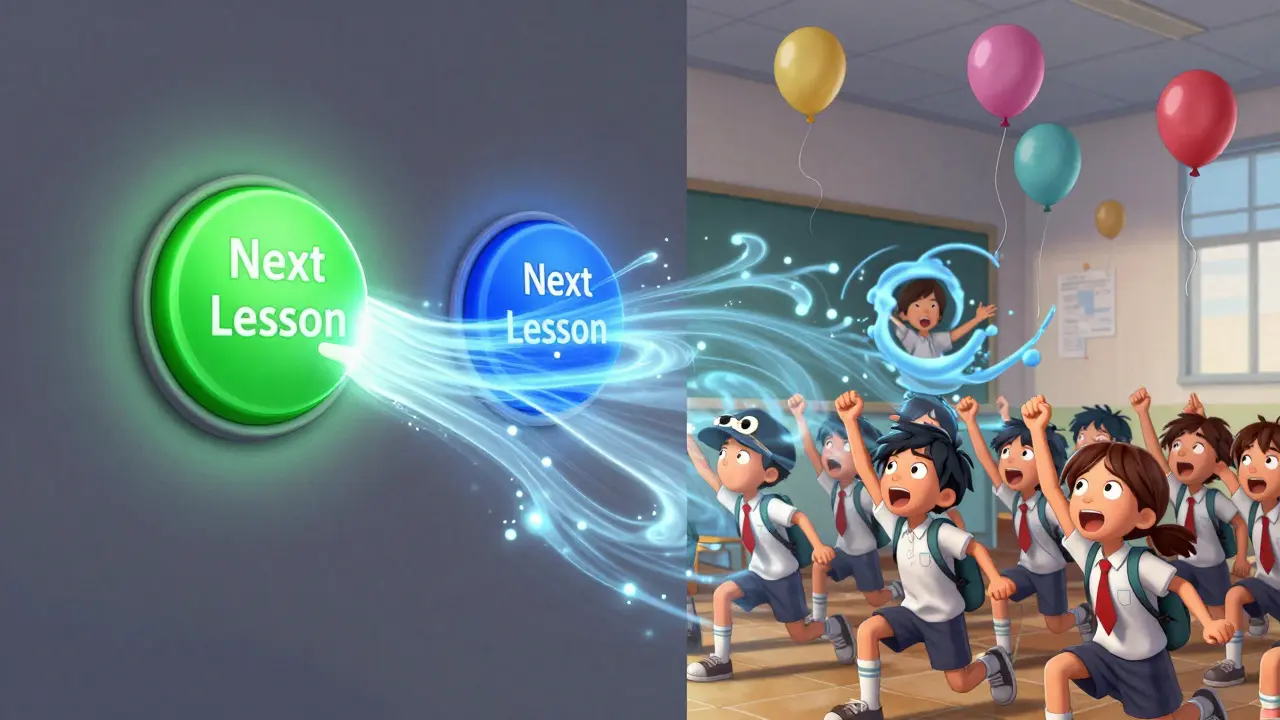 A green button glowing as students move forward, contrasting with a blue button where students drift away.