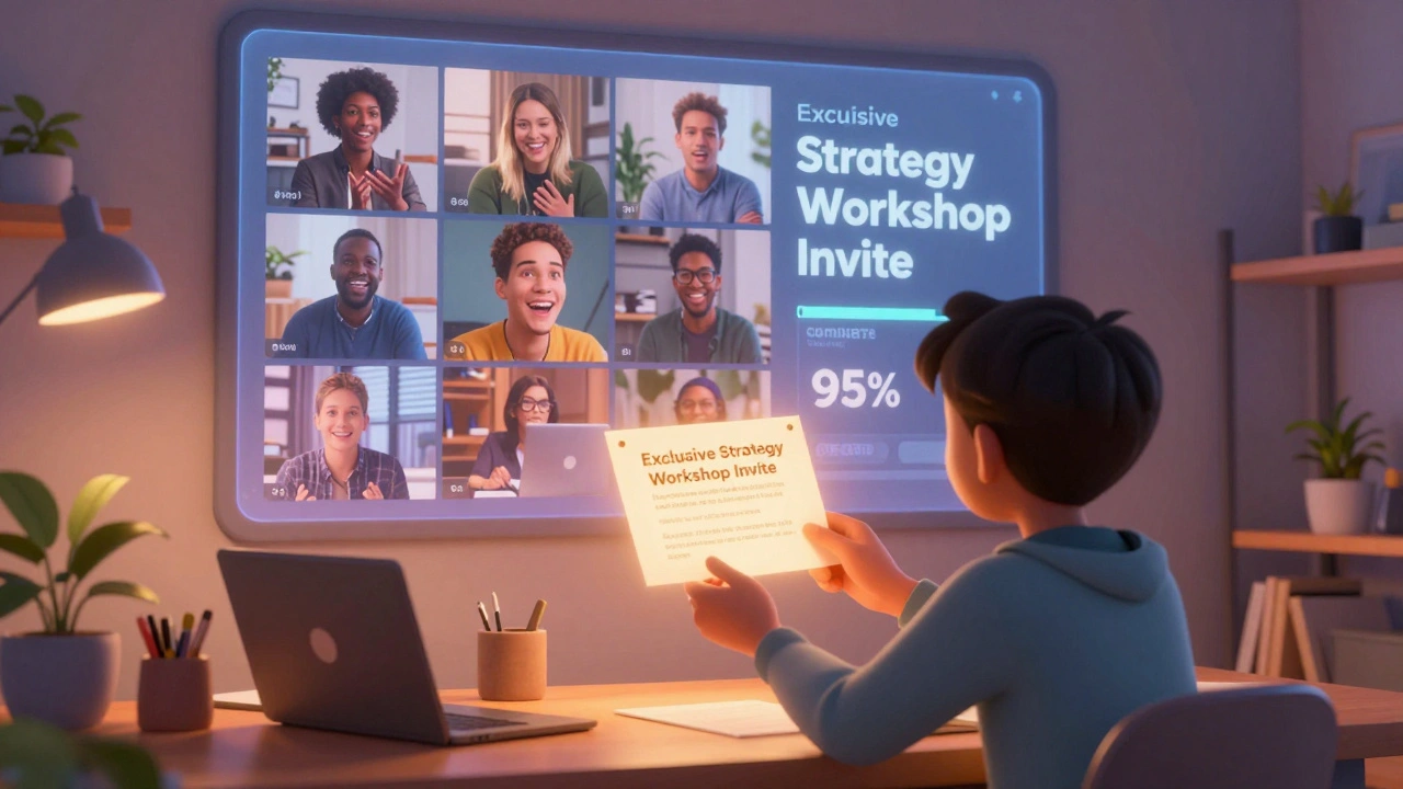 A learner receiving a glowing workshop invitation while seeing a live session through a transparent wall.