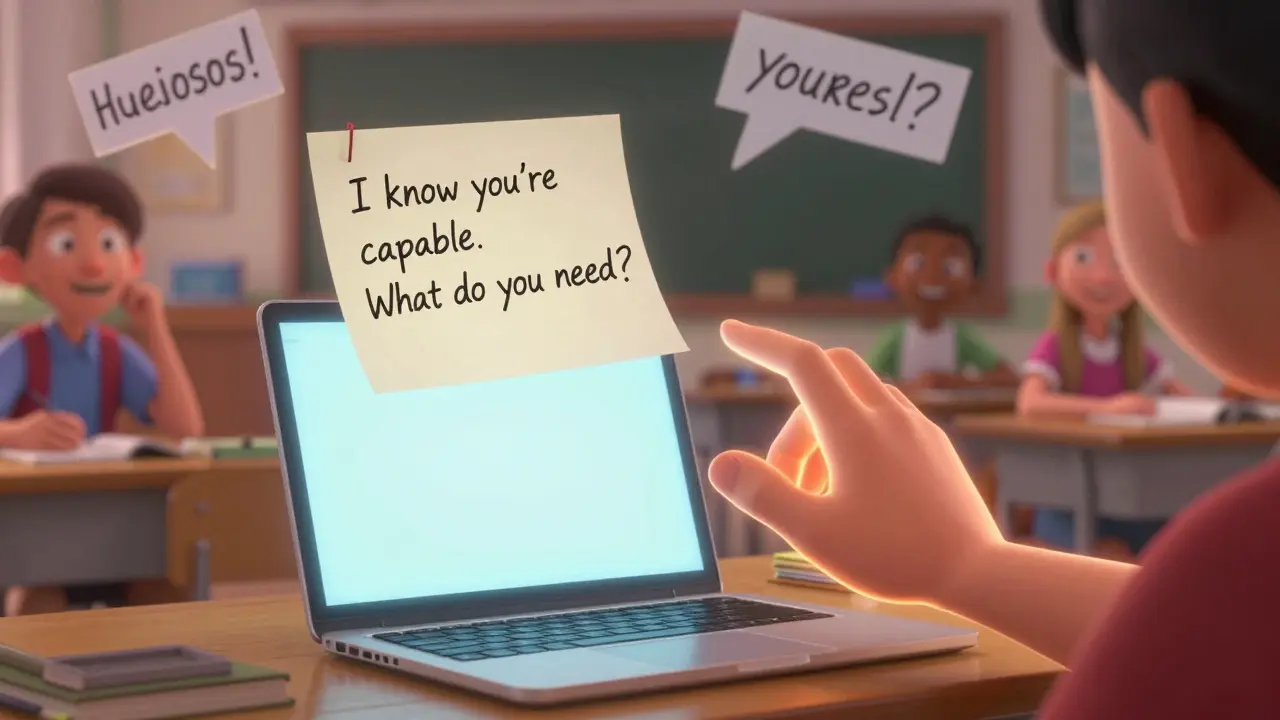 A lonely student’s blank assignment transforms as a supportive note appears, pulling them into a bright, connected classroom.