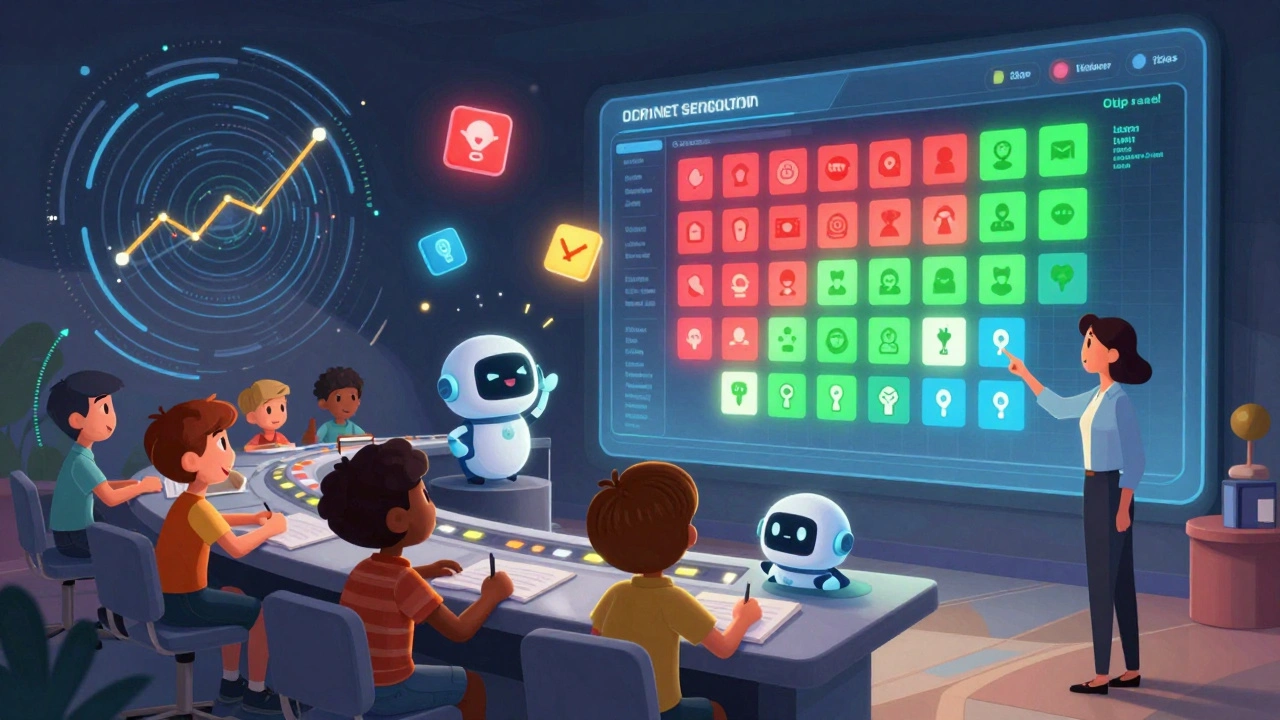 A magical analytics dashboard displays live course data with glowing graphs and helpful chatbot avatars.