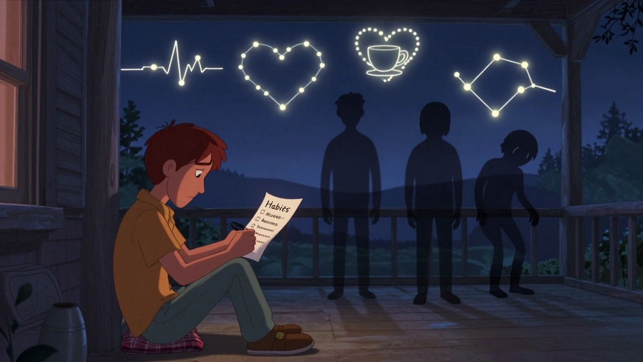 A man on a porch as his past struggles fade into stars of connection.