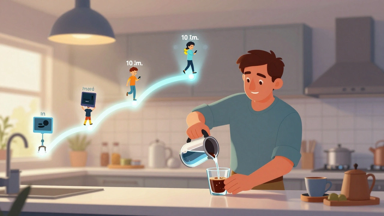 A man pouring water as a timeline of healthy habits glows behind him.