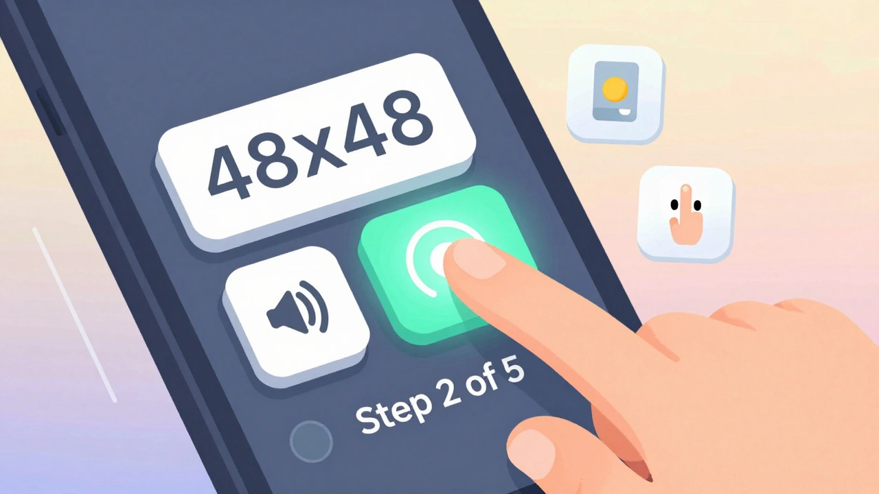 A mobile screen with large, easy-to-tap buttons and accessibility icons, showing a hand with tremors interacting smoothly.