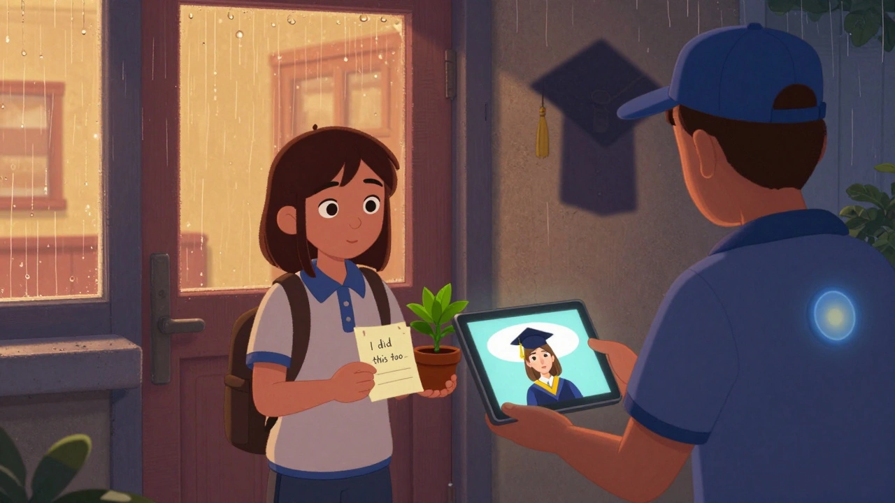 A solitary student receiving a handwritten note and plant at their door, while a video of a past graduate plays on their tablet.