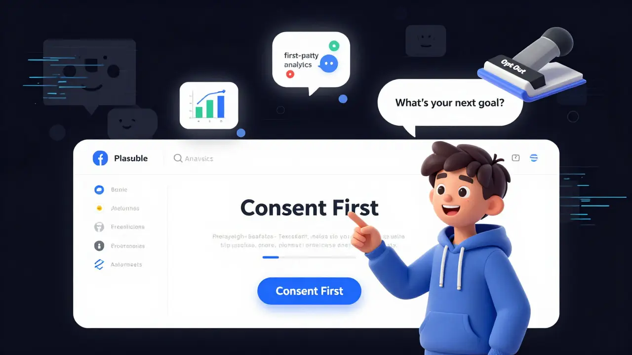 A student clicking a consent button while friendly privacy tools float above and tracking pixels disappear.