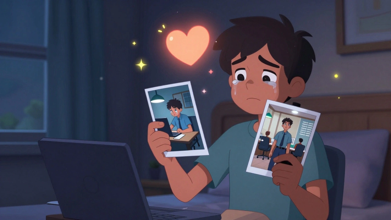 A student recording a tearful video on their phone, holding before-and-after photos with sparkles of change around them.