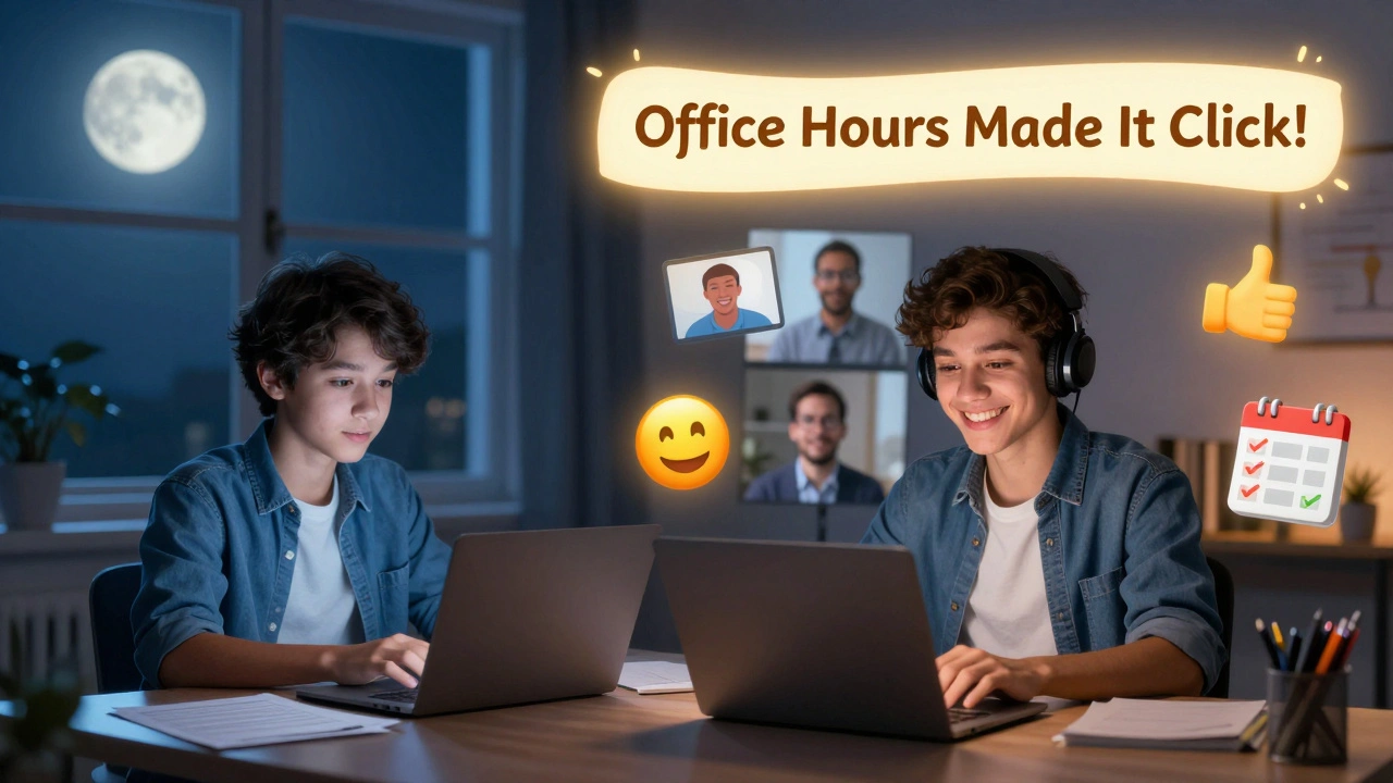 A student transforms from isolated struggle to connected success during virtual office hours.