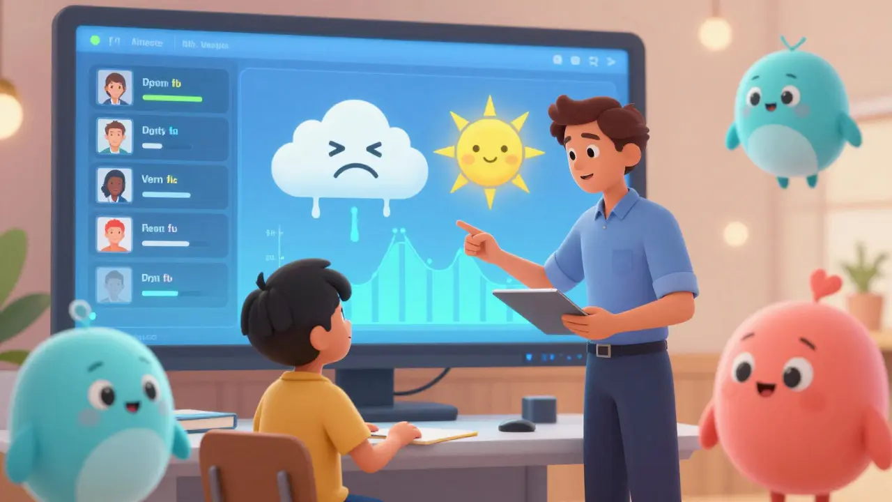 A teacher and student watching an emotion-aware learning interface with real-time data visualizations.