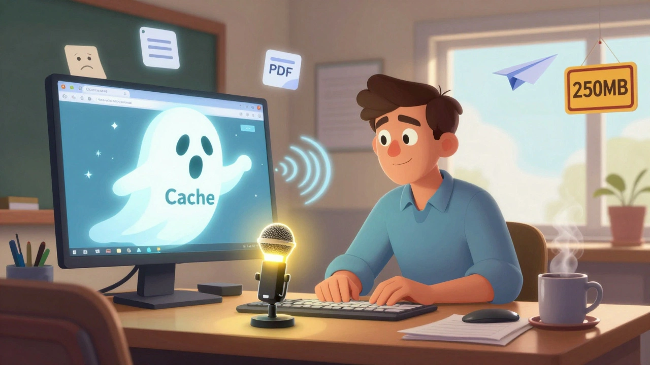 A teacher clearing browser cache as a ghostly icon floats away, with a glowing USB mic and failed upload icons nearby.