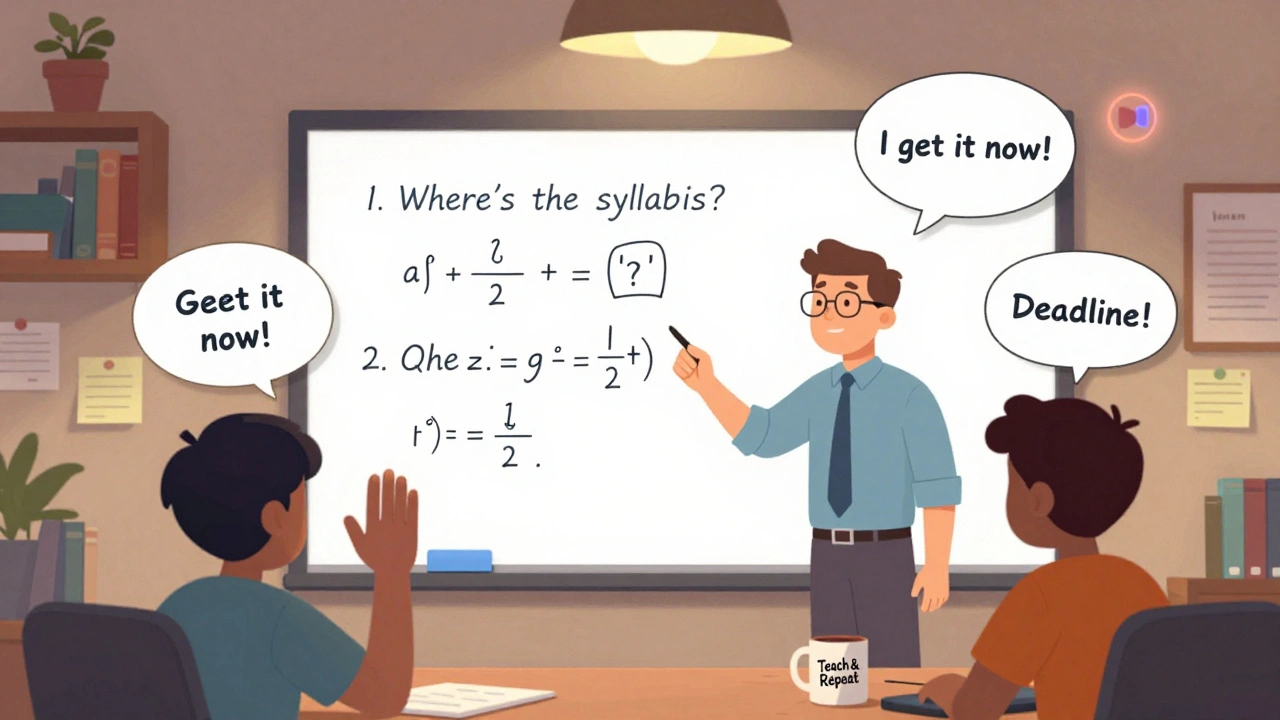 A teacher explains a math problem on screen while students react with lightbulb moments in a cozy home office.