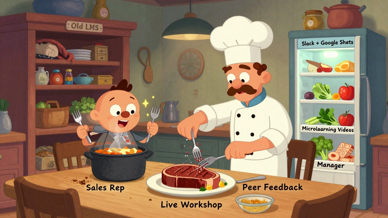 A whimsical kitchen scene where a chef cooks blended learning like a meal—searing, simmering, and seasoning—with labeled ingredients and tools.