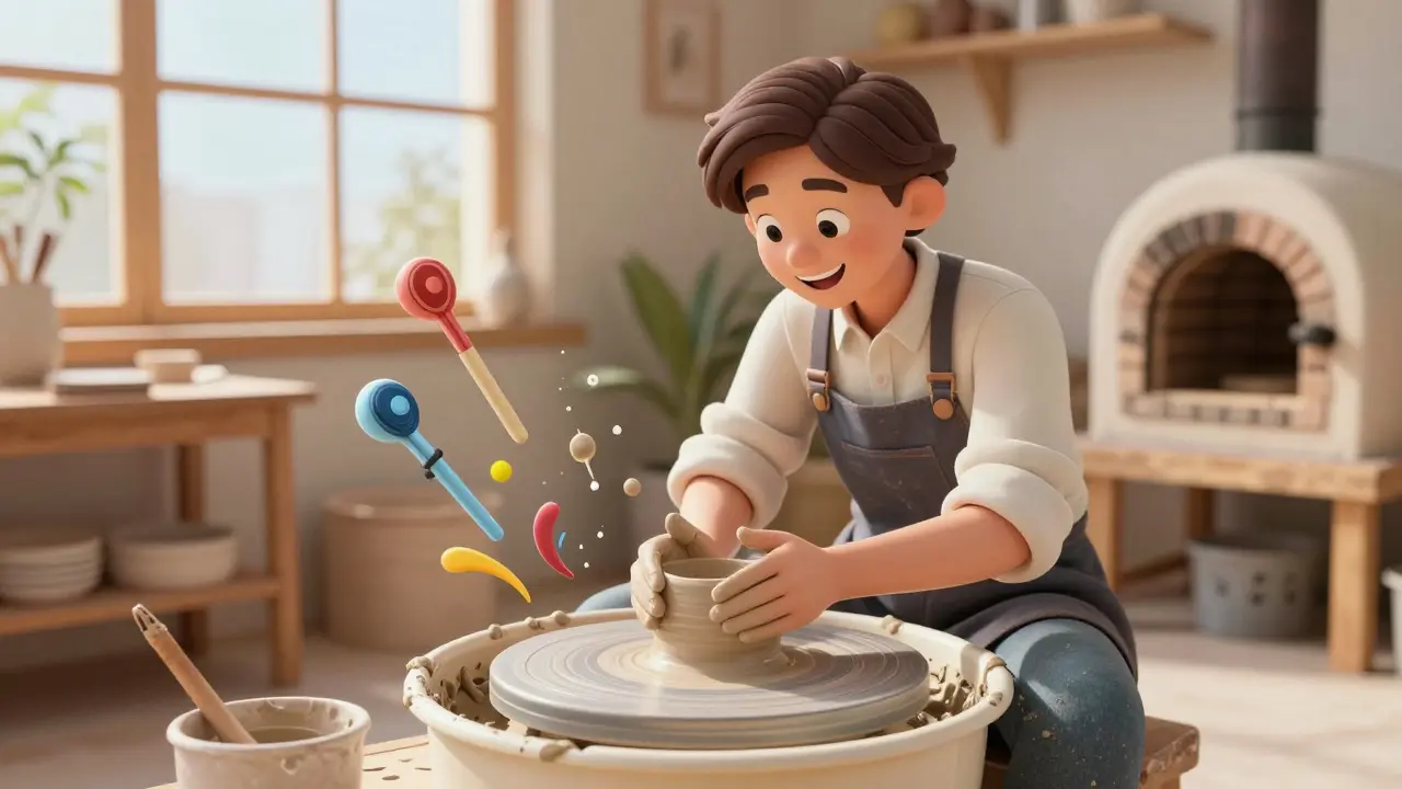 An artist practicing pottery on a virtual wheel, feeling clay resistance with colorful splashes around their hands.