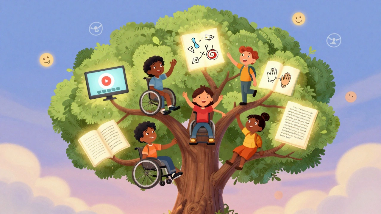 An inclusive learning tree with multiple formats of content, and learners of all abilities choosing their own paths upward.