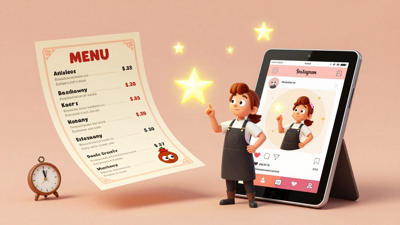 Bakery owner surrounded by animated social media posts and flyers emerging from her tablet.