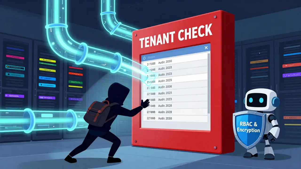 Digital server room with data streams and a gate blocking unauthorized tenant access.