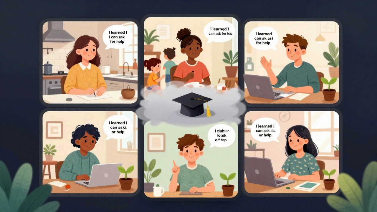 Diverse learners in home settings during a virtual graduation circle, with growing plant avatars and heartfelt quotes floating nearby.