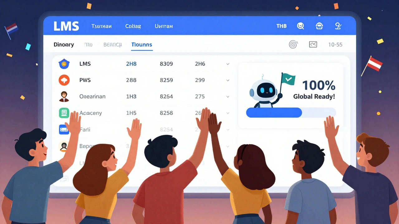 Diverse students celebrating a fully localized learning platform with text and icons working perfectly.
