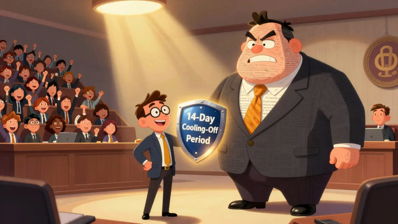 FTC agent vs. deceitful course provider in a courtroom with cheering students in the background.