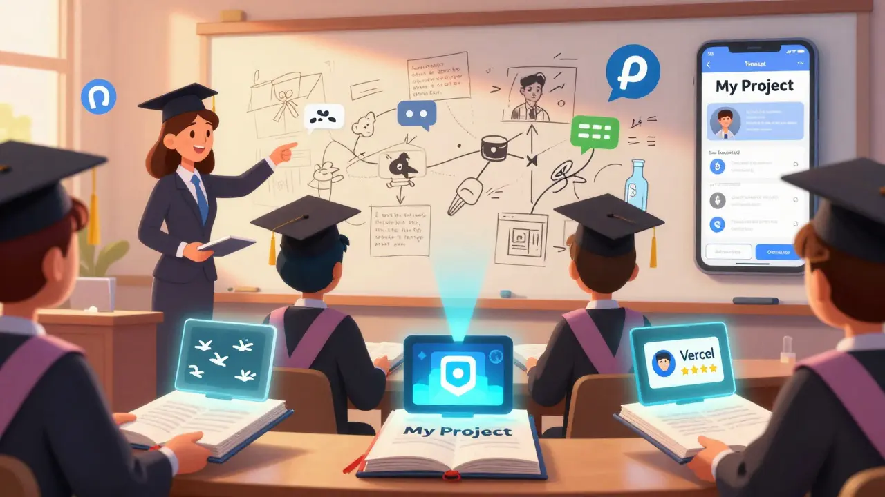 Graduating students handing glowing case study books to employers, each book showing animated project milestones like Git commits and live deployments.