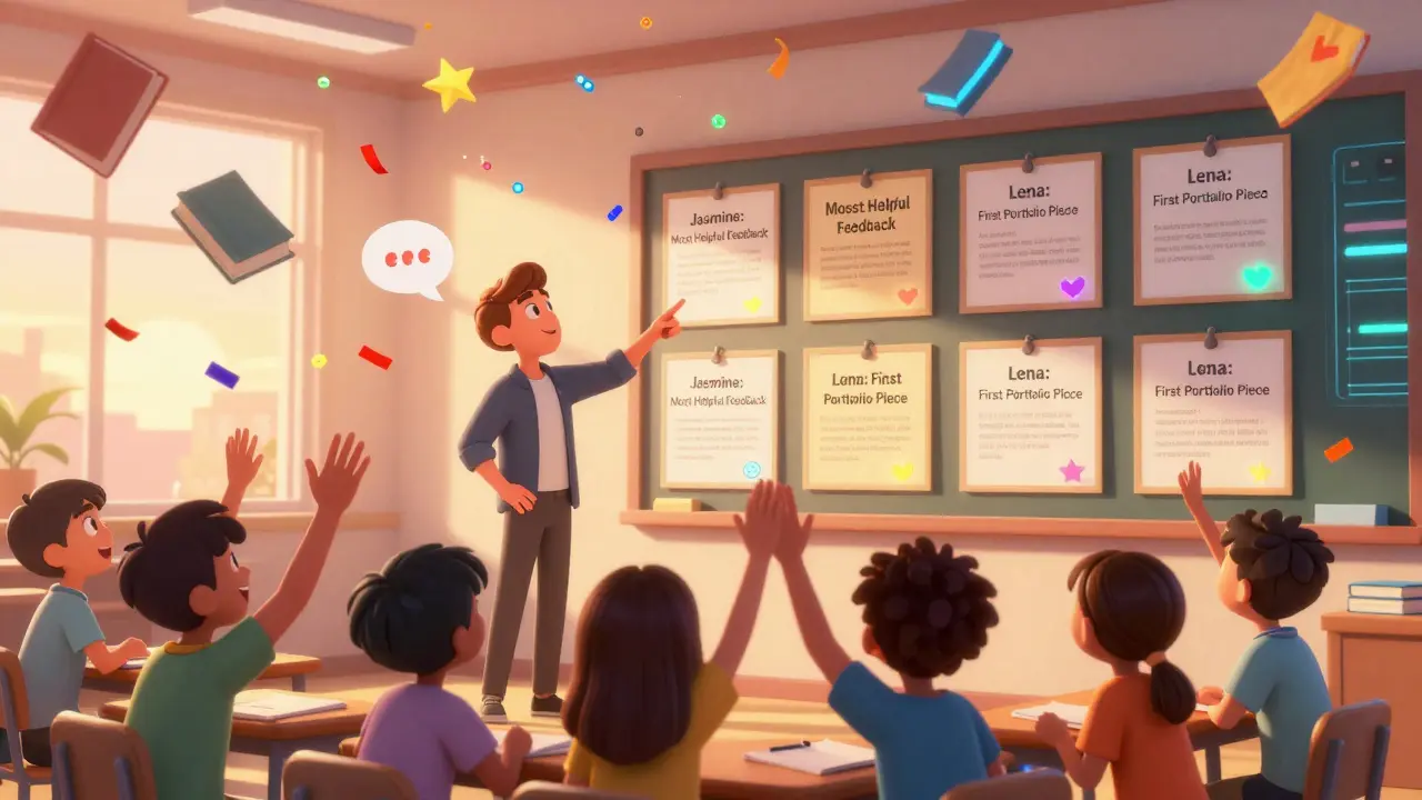 Instructor highlighting learner achievements on glowing recognition boards with confetti falling.