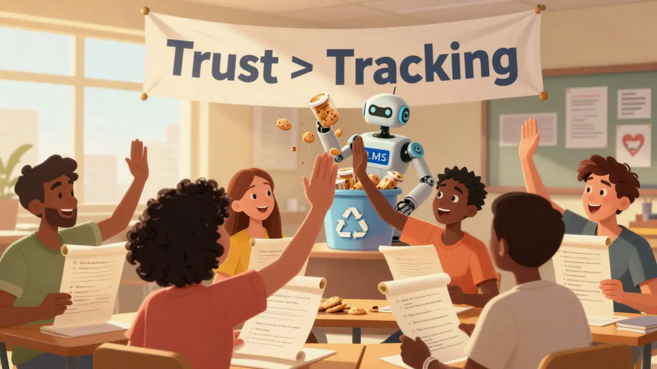 Learners celebrating with personalized learning paths as a platform discards cookie jars in a heart-shaped bin.