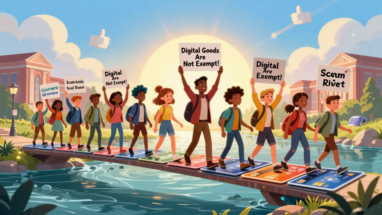 Learners crossing a credit card bridge toward trusted education platforms under hopeful skies.