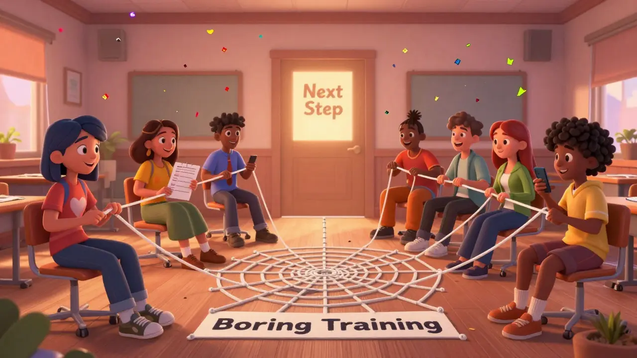 Learners unraveling a tangled training web into clear paths leading to a glowing next step door.