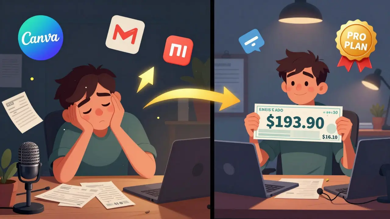 Split scene: left shows messy expenses, right shows clean profit with Pro Plan saving  per sale.