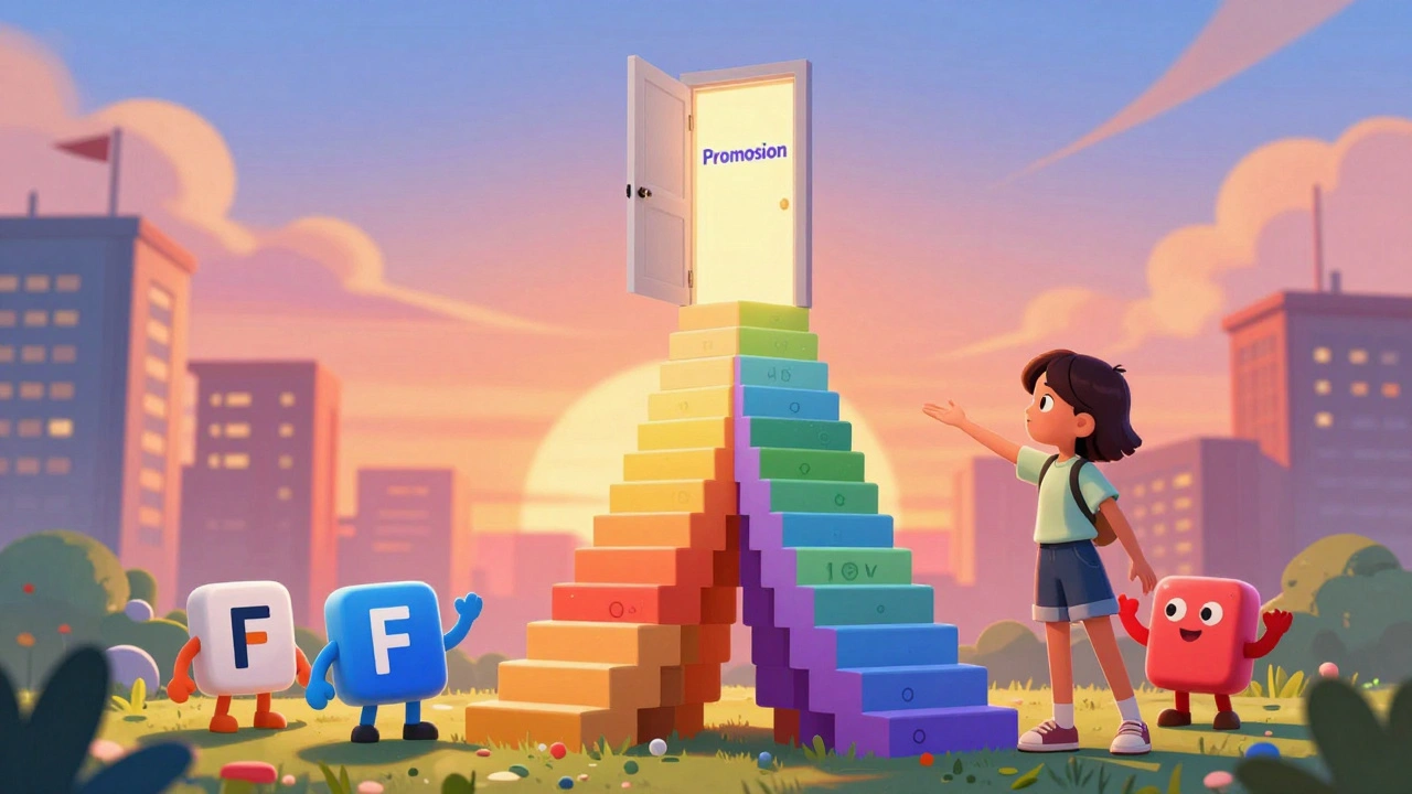 Student climbing a staircase of design projects leading to a glowing promotion door.